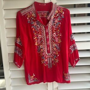 Johnny Was red embroidered blouse 3/4 sleeves
